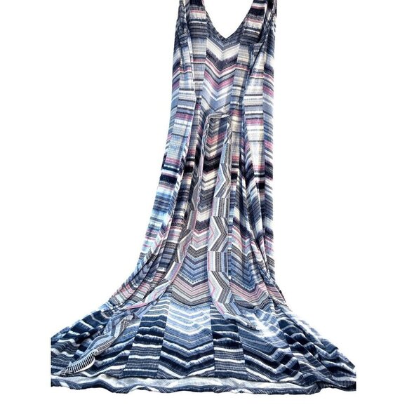 Chico’s Womens Dress Maxi Blue/Pink Multi Belted Sleeveless V-Neck Side Slits Si - Picture 3 of 7